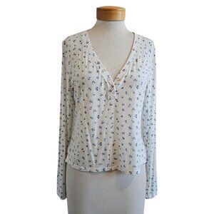 Aerie Ditsy Floral Soft Ribbed Semi-Sheer Long Sleeve V Neck Shirt Casual L
